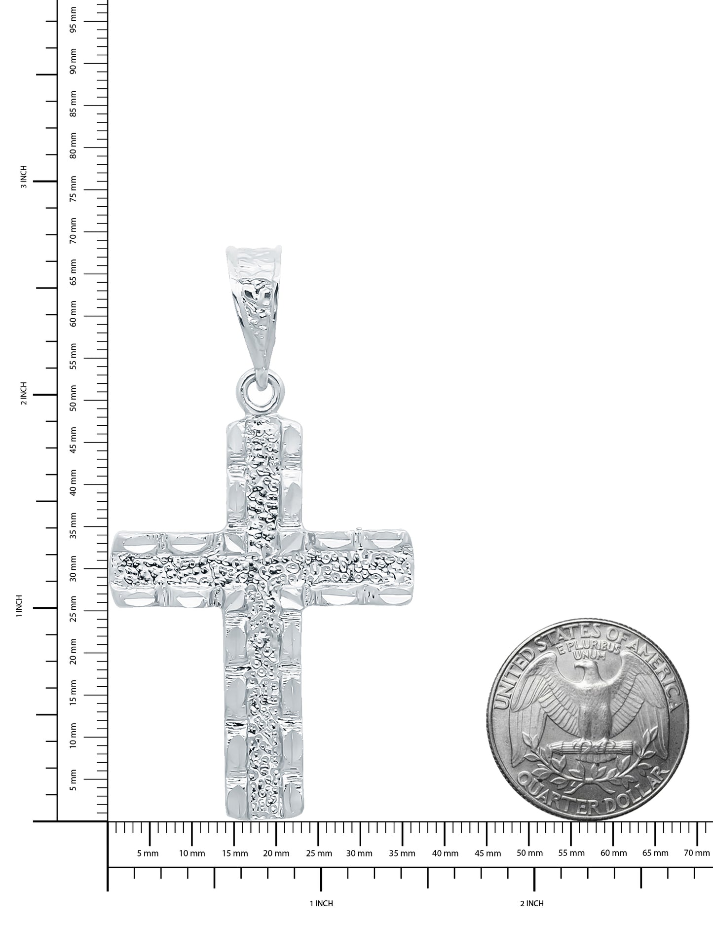 Dappled Rhodium Plated 35.5mm x 46mm Open-End Bordered Cross Pendant