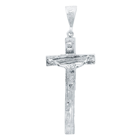 Large 36.5mm x 7.2 cm Rhodium Plated Wood Textured Crucifix Pendant