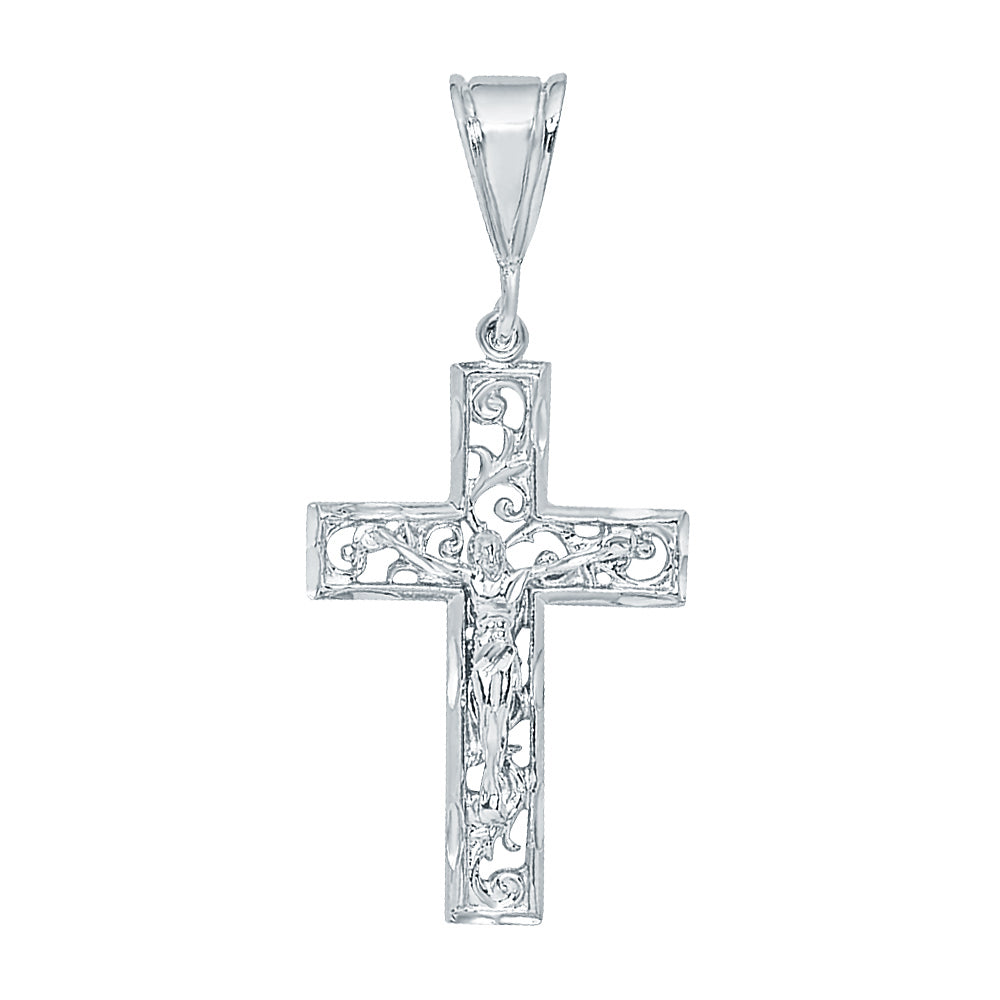 Large 36mm x 5.5 cm Rhodium Plated Open Filigree Vine Crucifix Pendant + Jewelry Polishing Cloth (SKU: RL-XLG20)