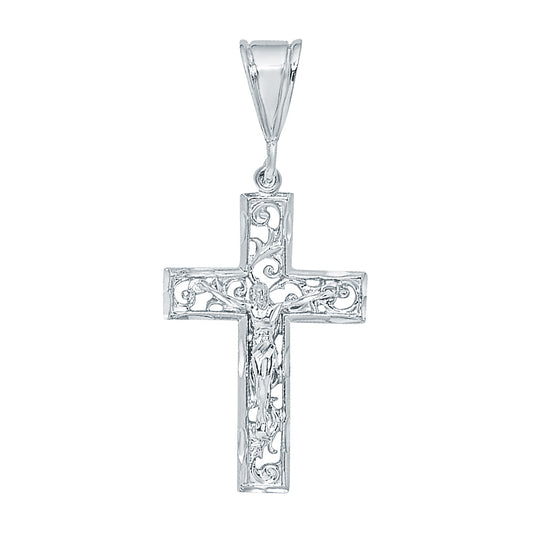 Large 36mm x 5.5 cm Rhodium Plated Open Filigree Vine Crucifix Pendant