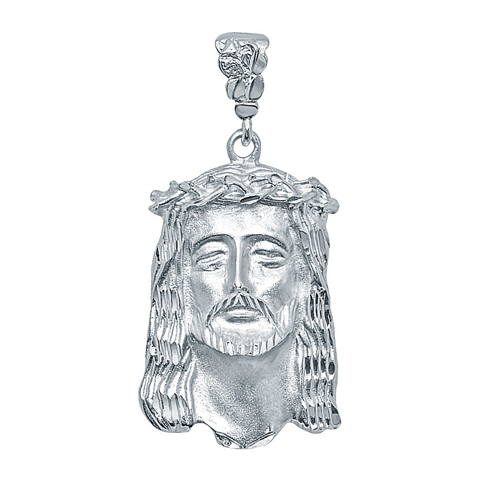 Large 27mm x 49mm Rhodium Plated Crown Of Thorns Jesus Face Pendant + Jewelry Polishing Cloth (SKU: RL-XLG23)