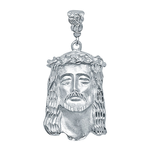 Large 27mm x 49mm Rhodium Plated Crown Of Thorns Jesus Face Pendant