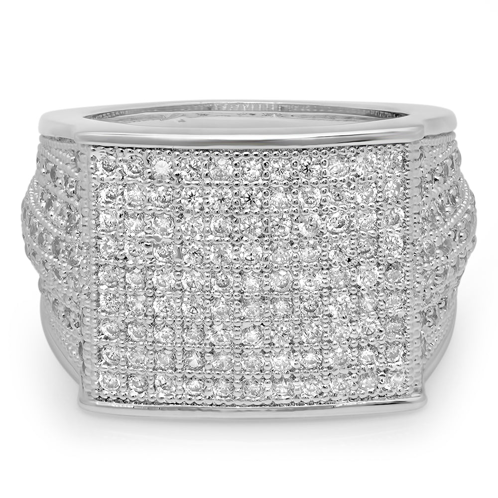 Rhodium Plated Micro-Pave Iced Out Cubic Zirconia Square Top Ring