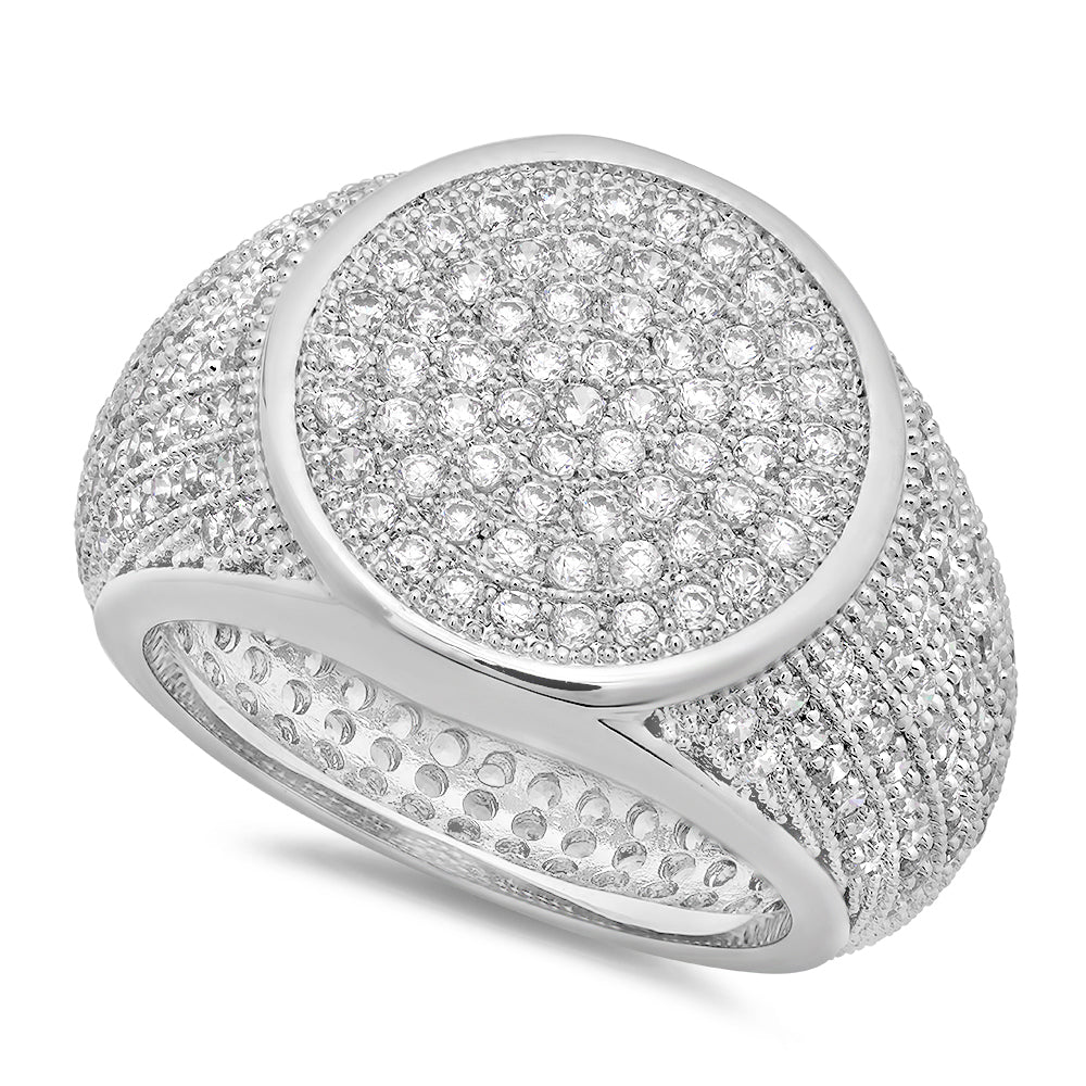 Rhodium Plated Micro-Pave Iced Out Cubic Zirconia Round Top Ring