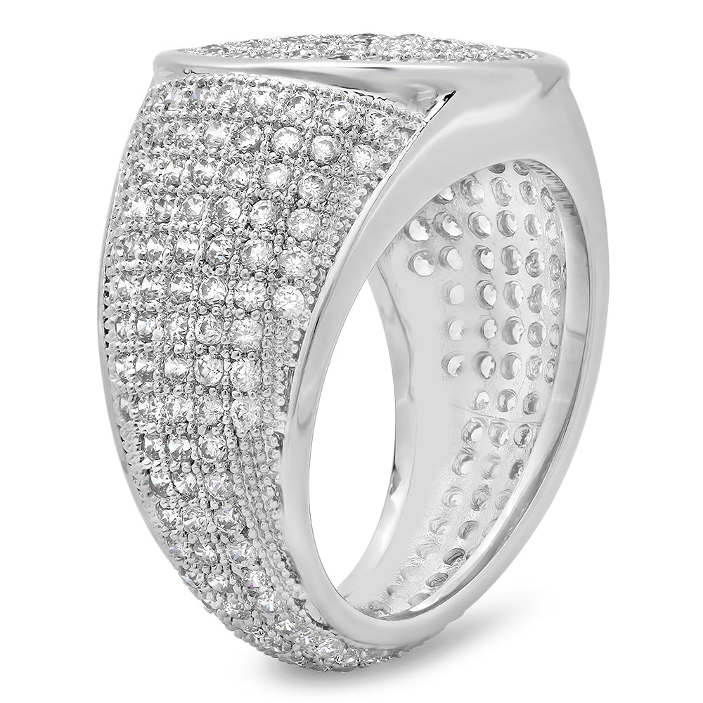 Rhodium Plated Micro-Pave Iced Out Cubic Zirconia Round Top Ring