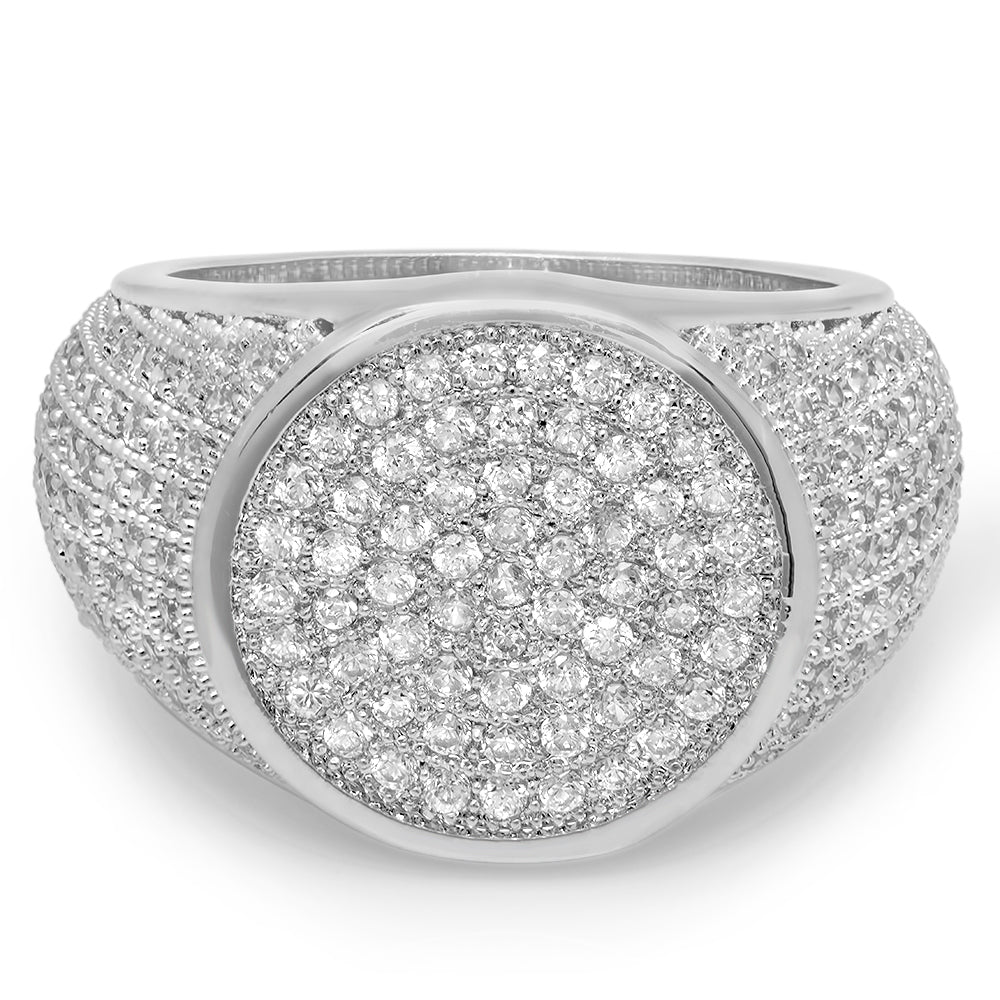 Rhodium Plated Micro-Pave Iced Out Cubic Zirconia Round Top Ring