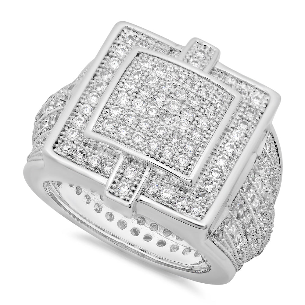 Men's 20mm Rhodium Plated Clear Cubic Zirconia Flat Iced Out Ring + Gift Box