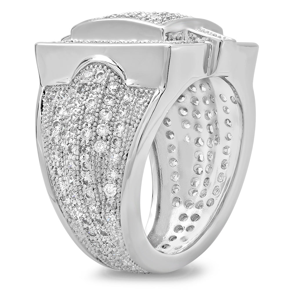 Men's 20mm Rhodium Plated Clear Cubic Zirconia Flat Iced Out Ring + Gift Box