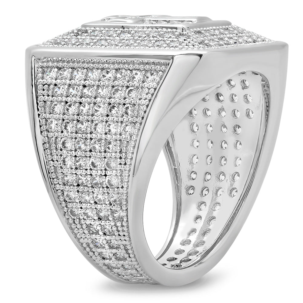 Rhodium Plated Micro-Pave Iced Out Cubic Zirconia Cross Ring