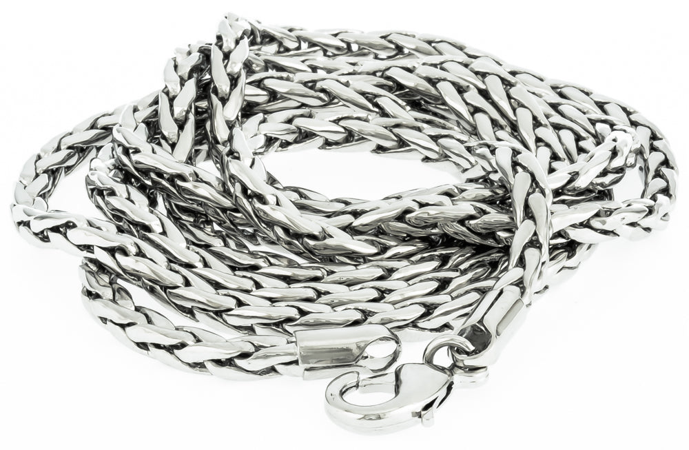 Men's 3mm Rhodium Plated Braided Wheat Chain Necklace, 36 inches