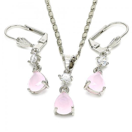 Rhodium Plated Pink CZ Tear Drop Dangling Mariner Link Pendant Necklace Lever Back Earring Set