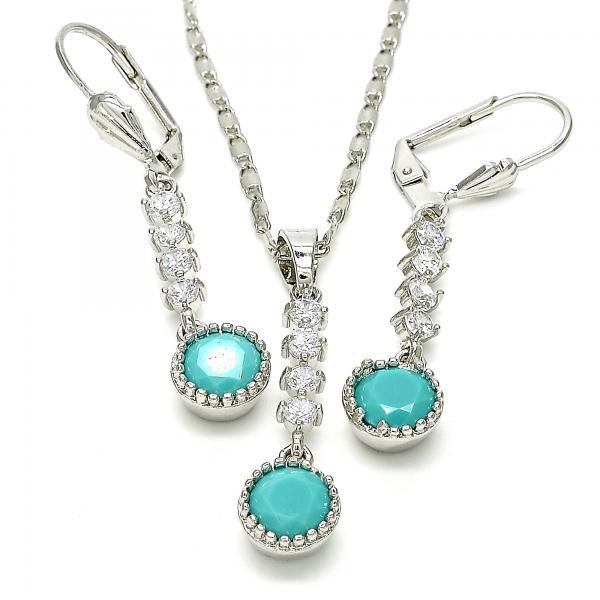 Rhodium Plated Aqua Blue CZ Round Dangling Drop Mariner Link Pendant Necklace Lever Back Earring Set