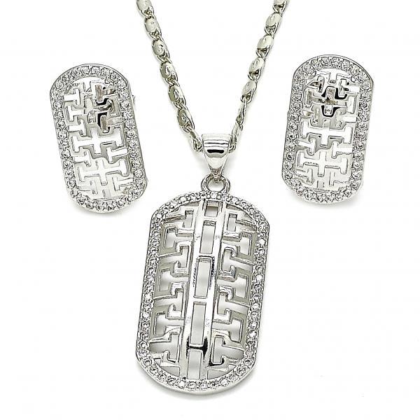 Rhodium Plated Clear Cubic Zirconia Greek Key Design Mariner Link Pendant Necklace Stud Earring Set