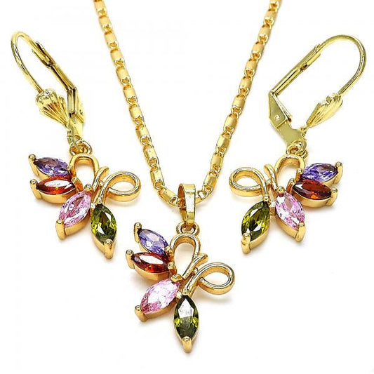 Gold Plated Multicolor CZ Fancy Dangling Drop Mariner Link Pendant Necklace Lever Back Earring Set