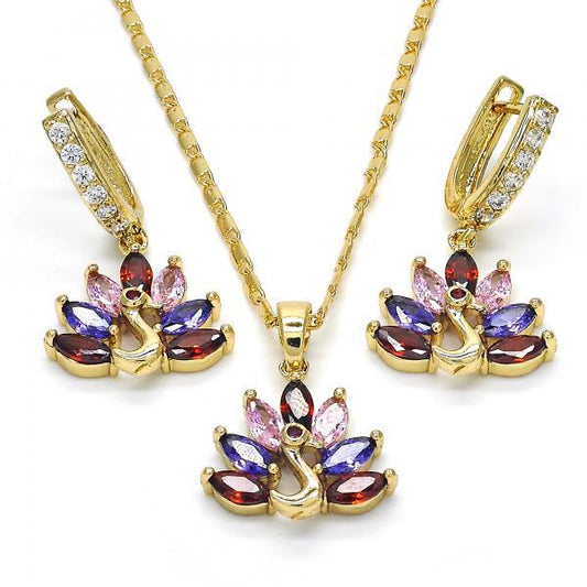 Gold Plated Multicolor CZ Peacock Dangling Drop Mariner Link Pendant Necklace Lever Back Earring Set