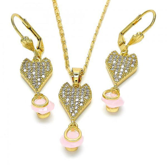 Gold Plated Pink CZ Heart Tear Drop Dangling Mariner Link Pendant Necklace Lever Back Earring Set