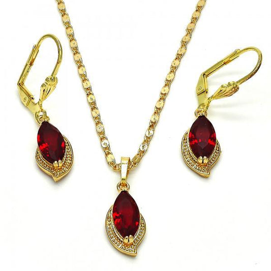 Gold Plated Garnet CZ Leaf Dangling Drop Mariner Link Pendant Necklace Lever Back Earring Set