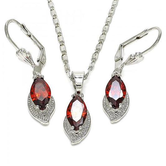 Rhodium Plated Garnet CZ Leaf Dangling Drop Mariner Link Pendant Necklace Lever Back Earring Set