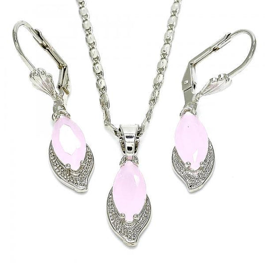 Rhodium Plated Pink CZ Leaf Dangling Drop Mariner Link Pendant Necklace Lever Back Earring Set