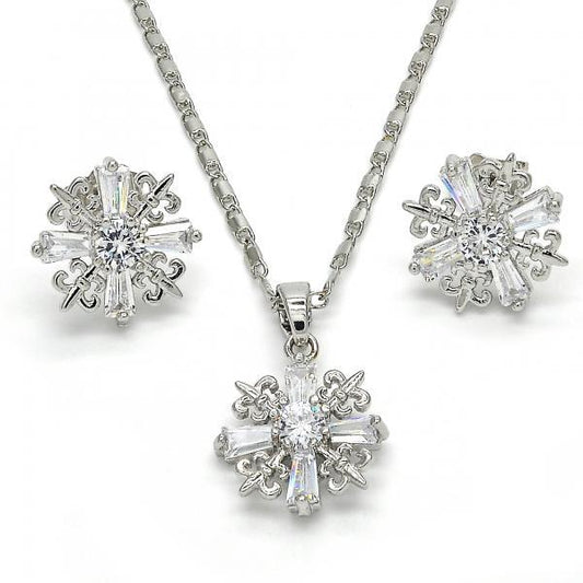 Rhodium Plated Clear CZ Fleur-De-Lis Saint Lily Mariner Link Pendant Necklace Stud Earring Set