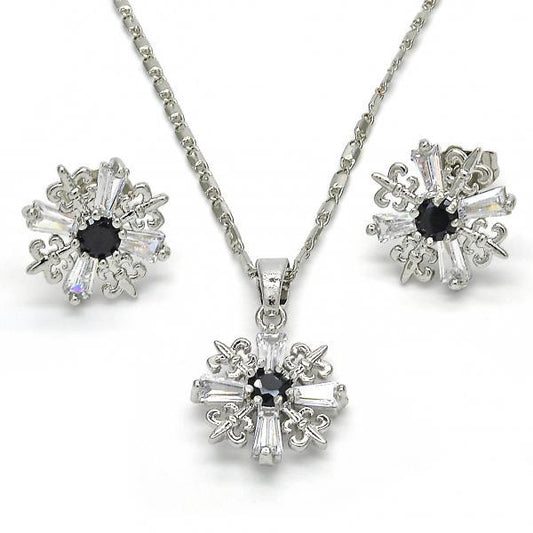 Rhodium Plated Black CZ Fleur-De-Lis Saint Lily Mariner Link Pendant Necklace Stud Earring Set