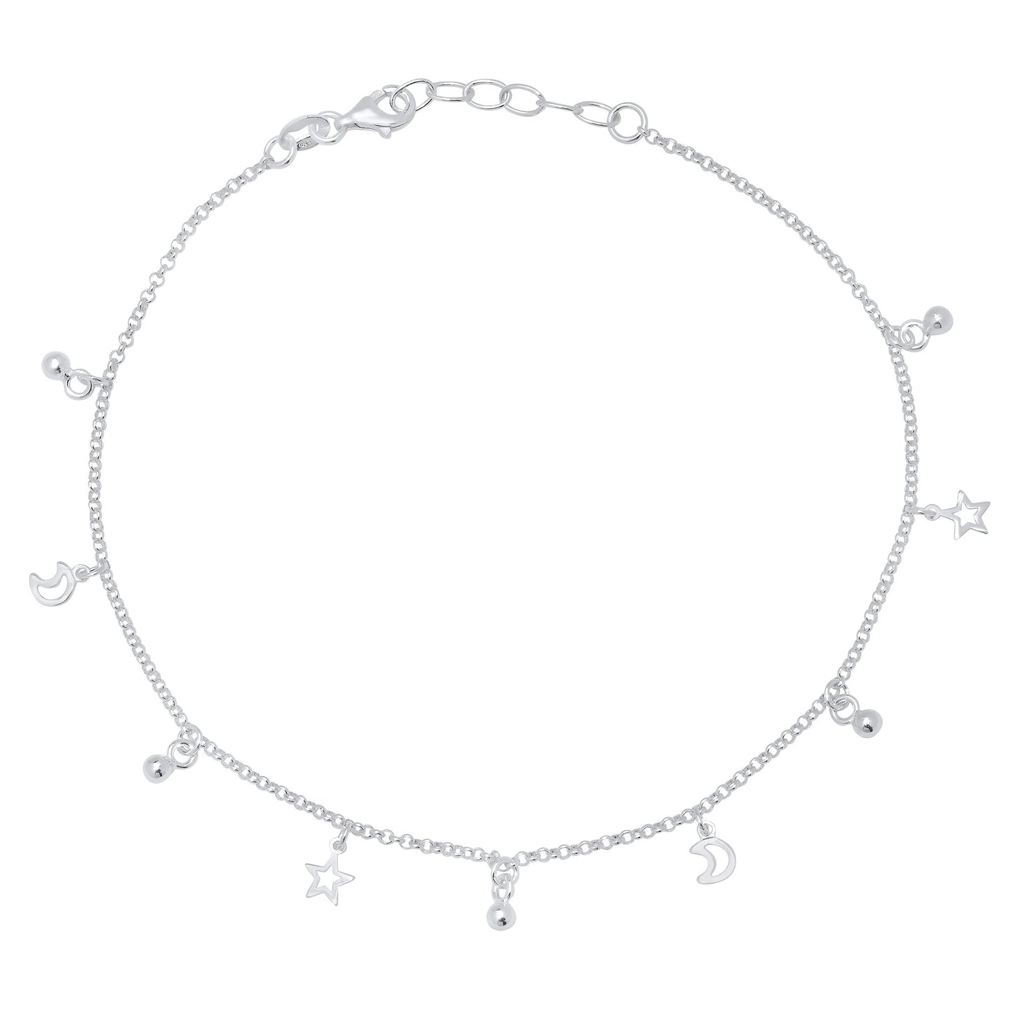 1.8mm Solid .925 Sterling Silver Round Charm Anklet, 11 inches