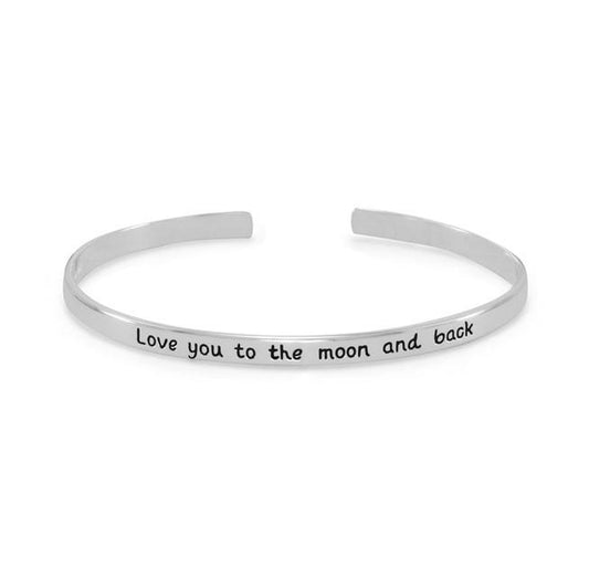 Sterling Silver 4mm Love you to the moon and back Cuff Bracelet 7.8 inch + Polishing Cloth