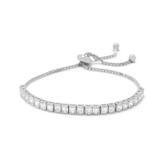 4.4mm Polished Rhodium Plated Silver Clear Cubic Zirconia Box Bolo Bracelet, 9 inches