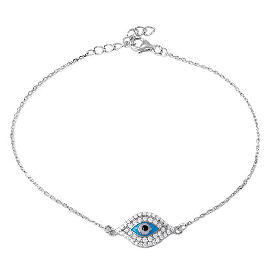 9.4mm Polished Rhodium Plated Silver Clear Cubic Zirconia Cable Evil Eye Charm Bracelet, 7 inches