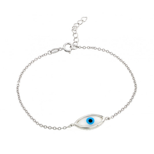 8.6mm Rhodium Plated Silver Multicolor Acrylic Rolo Evil Eye Charm Bracelet, 7 inches