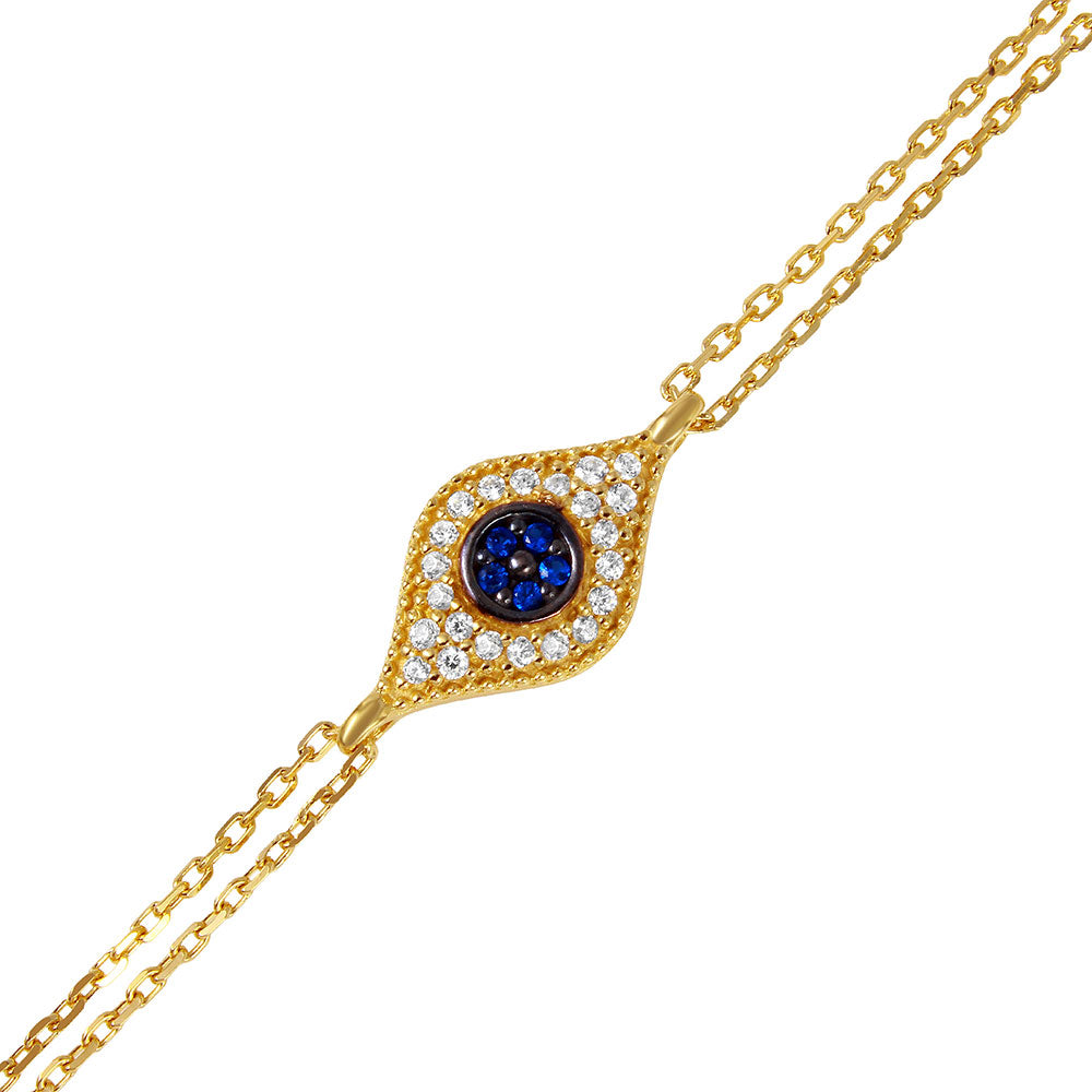 8.8mm Polished Gold Plated Silver Blue Cubic Zirconia Charm Bracelet, 7 inches (SKU: SS-BR1013)