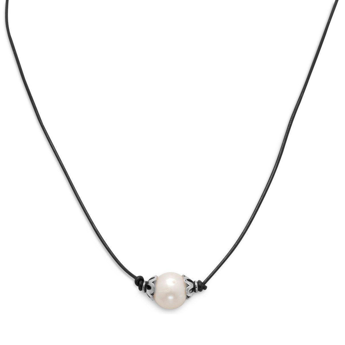 Sterling Silver 9mm White Freshwater Cultured Pearl Black Leather Choker Necklace 16" + Polishing Cloth (SKU: SS-CK1002)