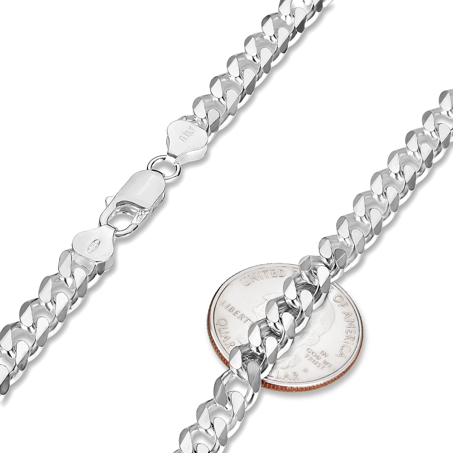 Men's 7.5mm Solid .925 Sterling Silver Beveled Curb Chain Necklace