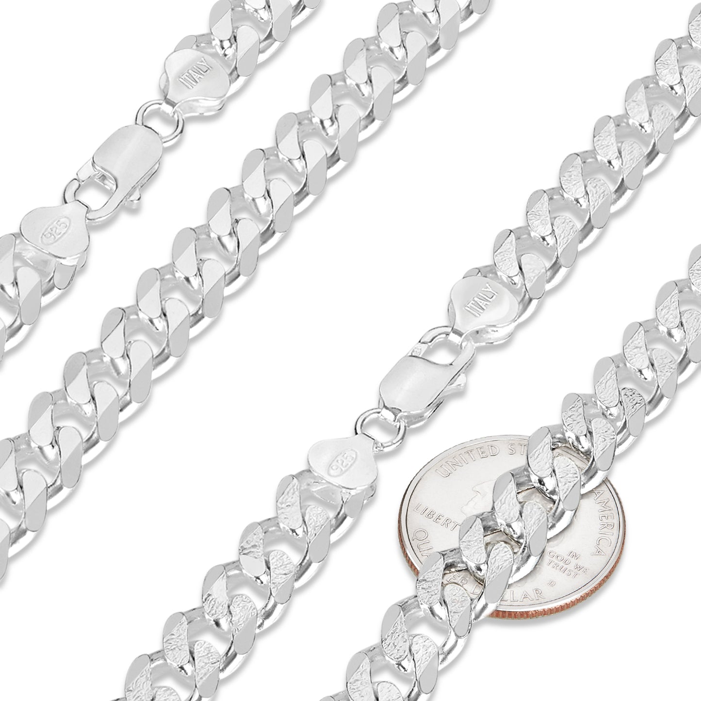 Men's 8.9mm .925 Sterling Silver Diamond-Cut Flat Cuban Link Curb Chain Necklace