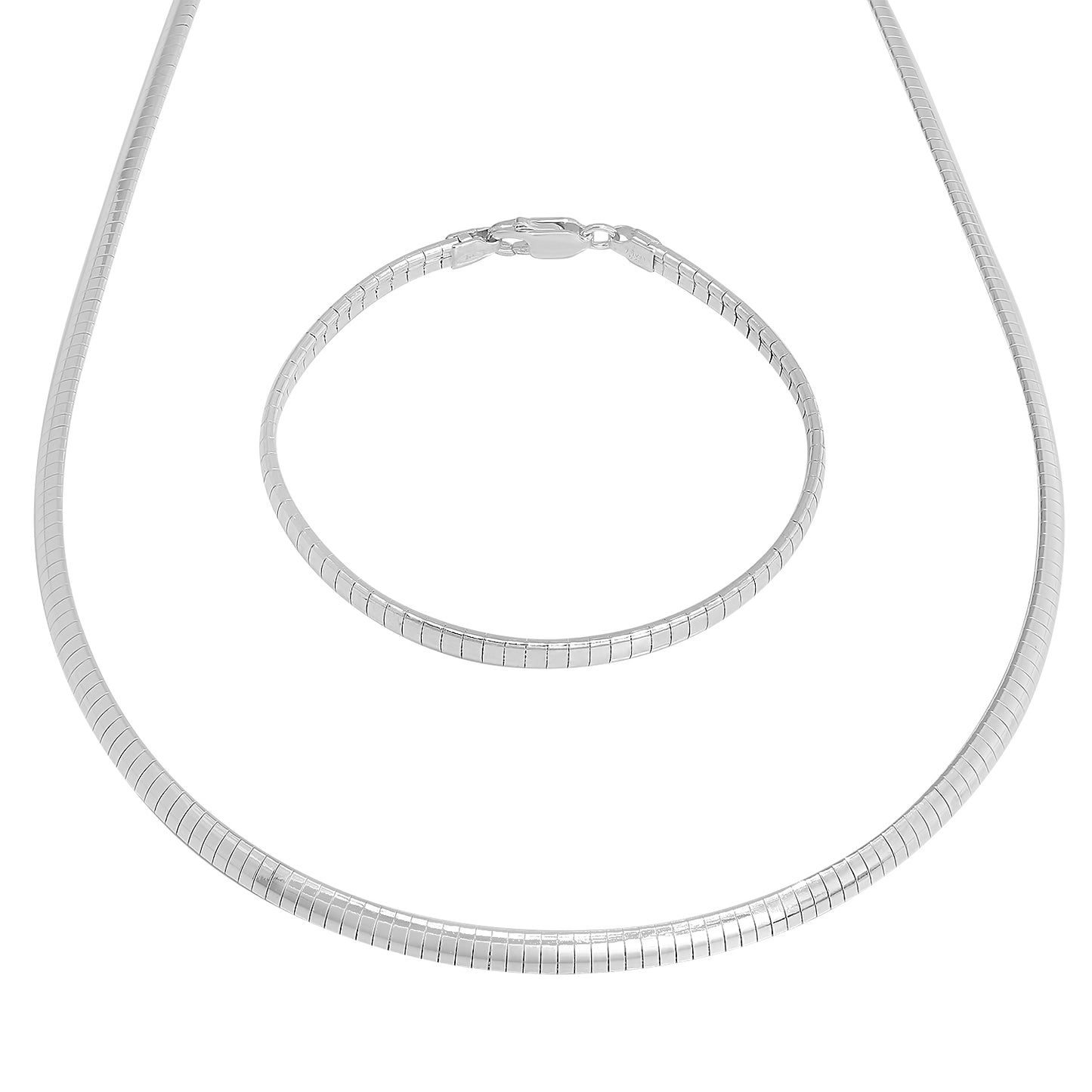 Women's 4mm Solid .925 Sterling Silver Flat Omega Chain Necklace + Bracelet Set