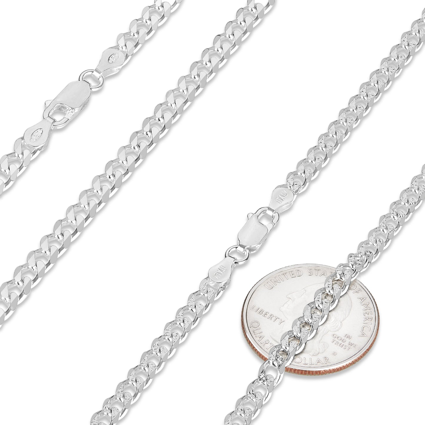 4.4mm .925 Sterling Silver Diamond-Cut Flat Cuban Link Curb Chain Necklace