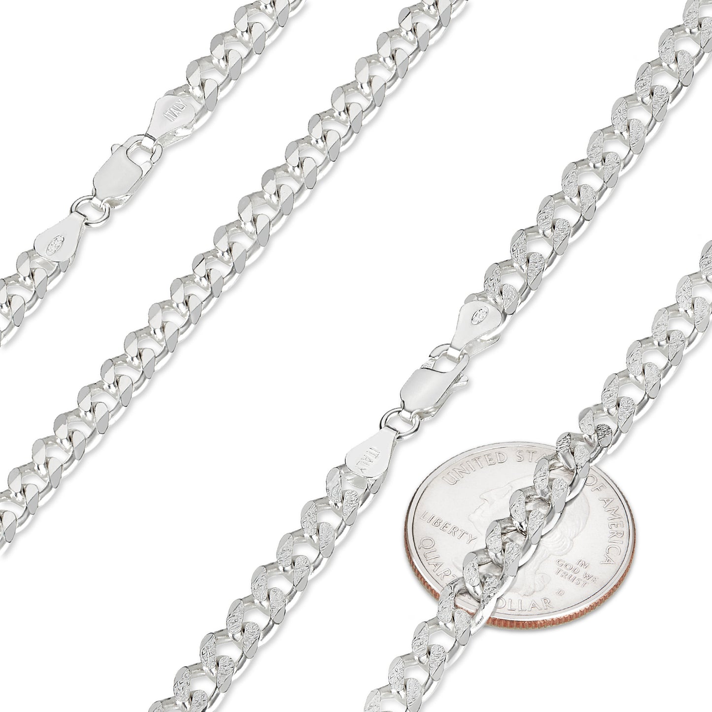 Men's 5.1mm .925 Sterling Silver Diamond-Cut Flat Cuban Link Curb Chain Necklace + Gift Box