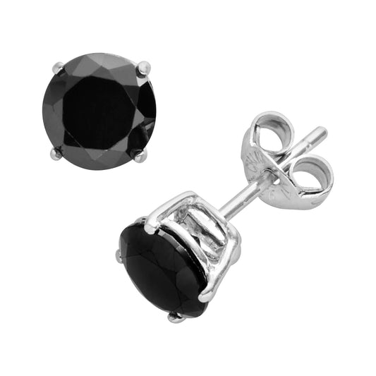 925 Sterling Silver Black Onyx CZ Studs, Round Cut CZs in Rhodium Plated Basket Setting - 4mm,5mm,6mm,7mm