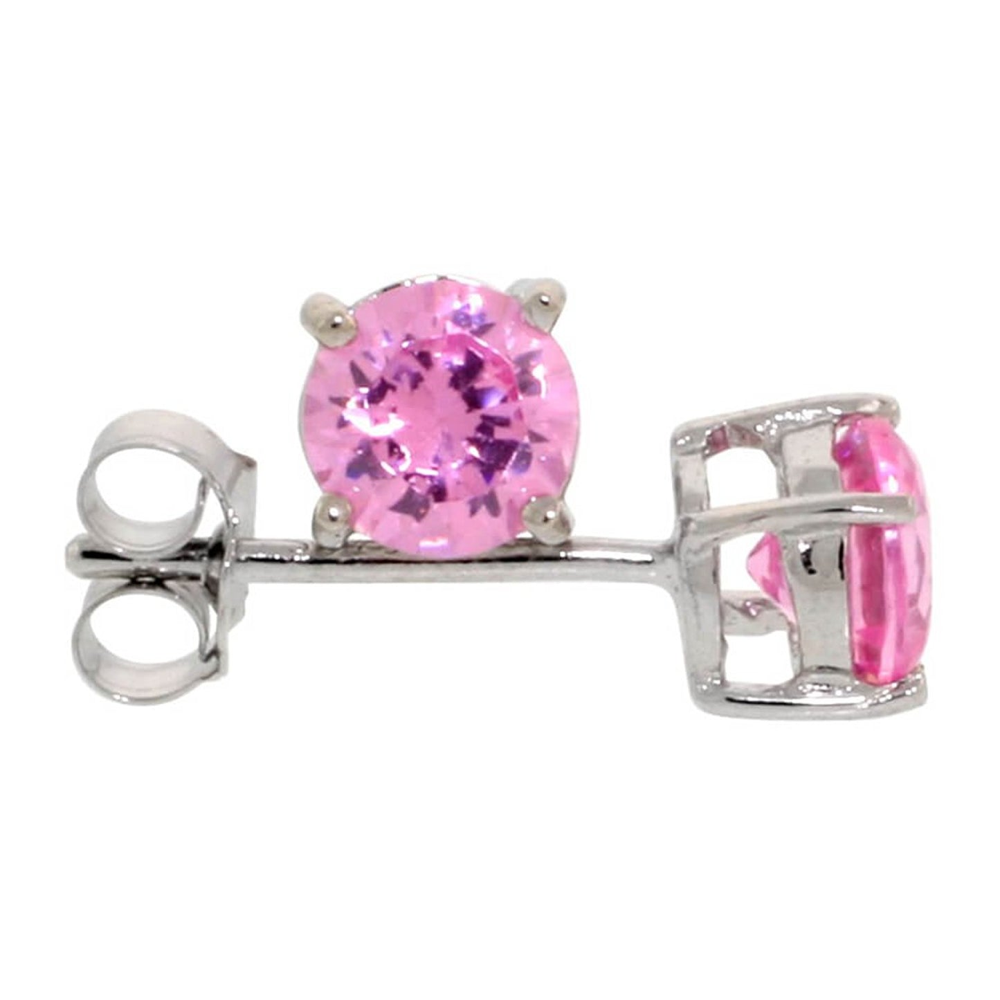 Rhodium Plated Silver Pink Tourmaline CZ Round Brilliant Cut Birthstone Stud Earrings + Gift Box