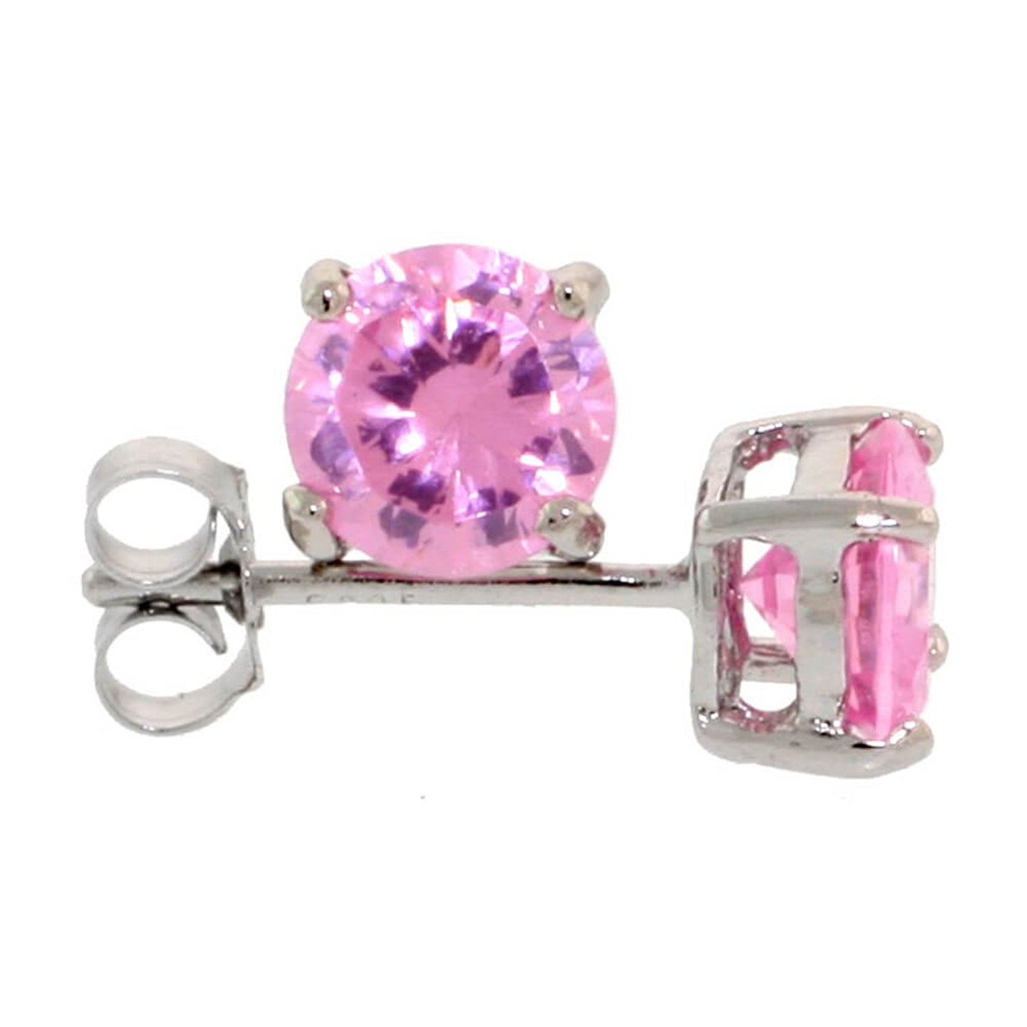 Rhodium Plated Silver Pink Tourmaline CZ Round Brilliant Cut Birthstone Stud Earrings + Gift Box