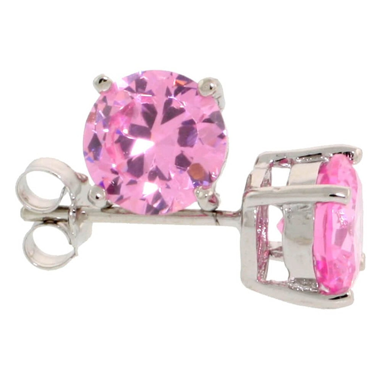 Rhodium Plated Silver Pink Tourmaline CZ Round Brilliant Cut Birthstone Stud Earrings + Gift Box