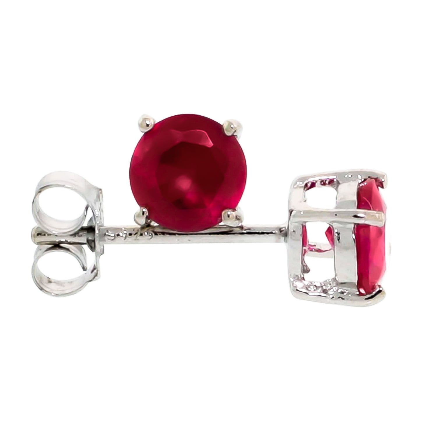 Rhodium Plated Silver Ruby Red (July) Cubic Zirconia Round Birthstone Stud Earrings + Gift Box