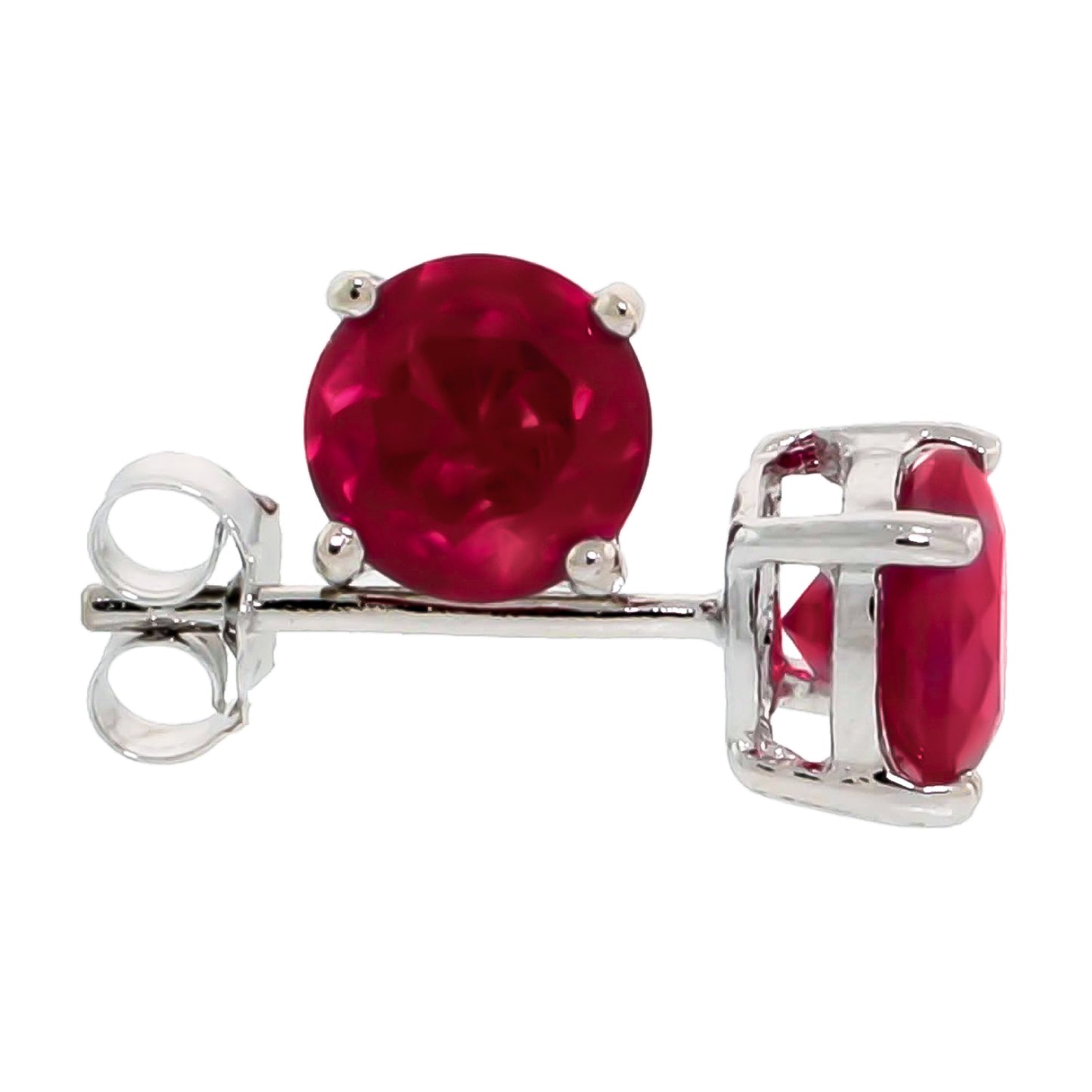 Rhodium Plated Silver Ruby Red (July) Cubic Zirconia Round Birthstone Stud Earrings + Gift Box