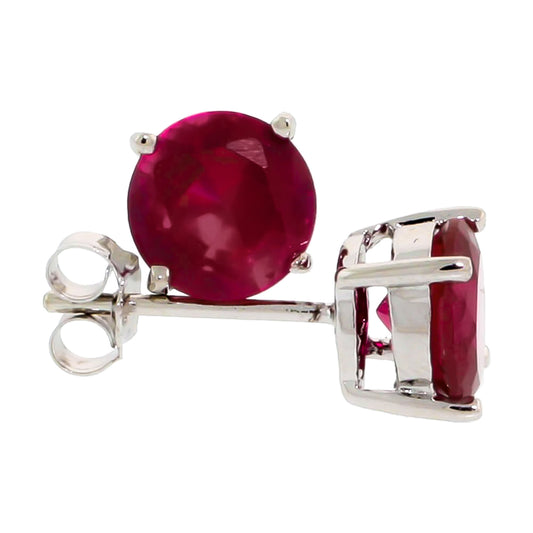 Rhodium Plated Silver Ruby Red (July) Cubic Zirconia Round Birthstone Stud Earrings + Gift Box