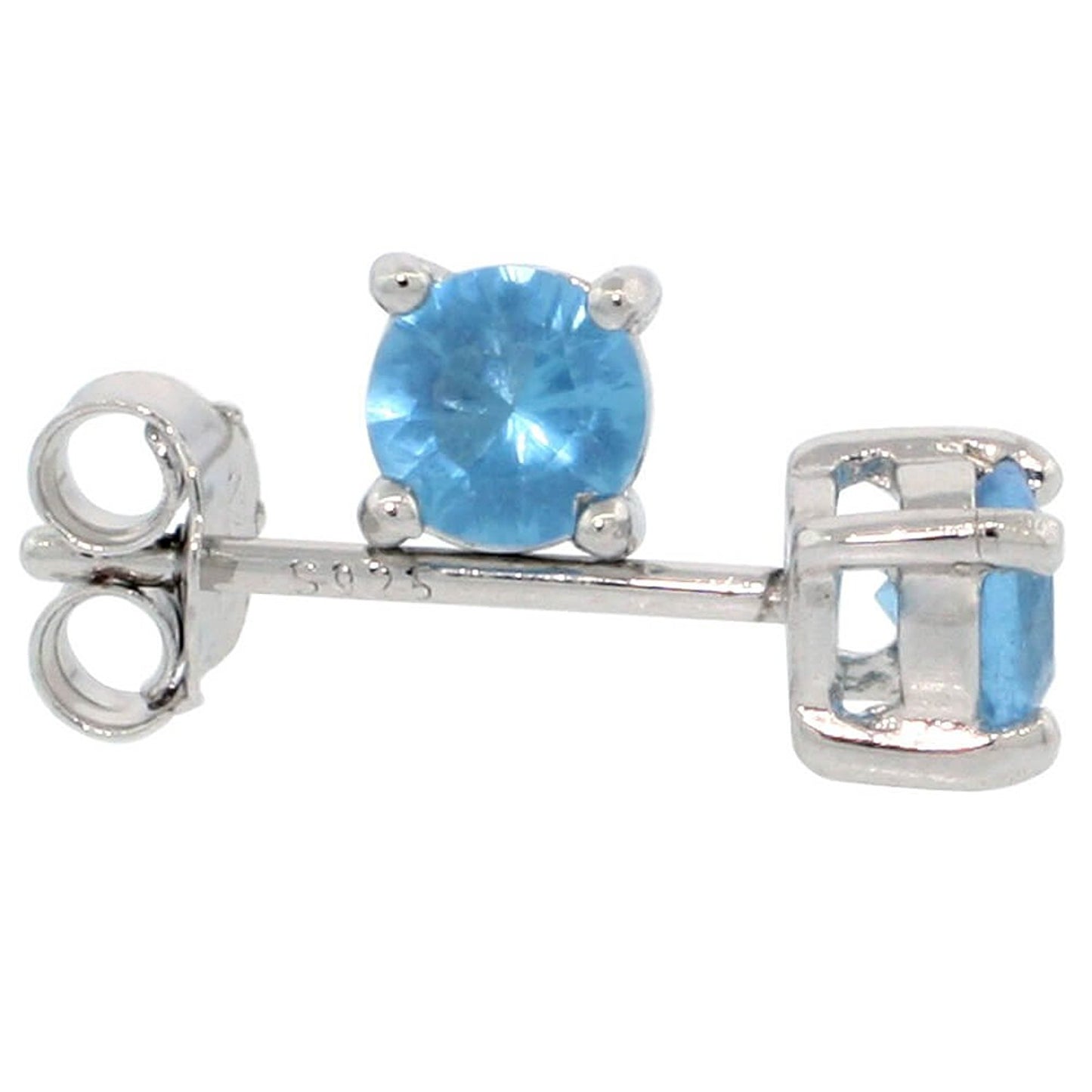 .925 Sterling Silver Aqua 4mm - 7mm Round Cut CZ Stud Rhodium Plated Earrings - Made in Italy (SKU: SS-ER1010)