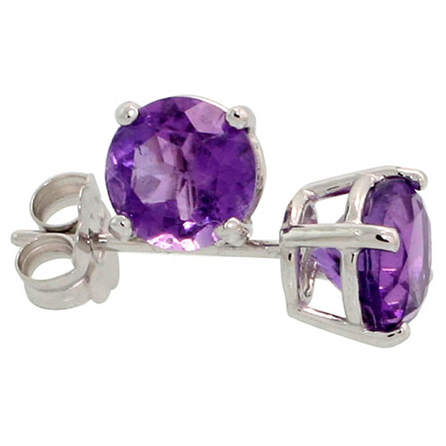 Rhodium Plated Silver Amethyst Purple (February) CZ Round Birthstone Stud Earrings + Gift Box