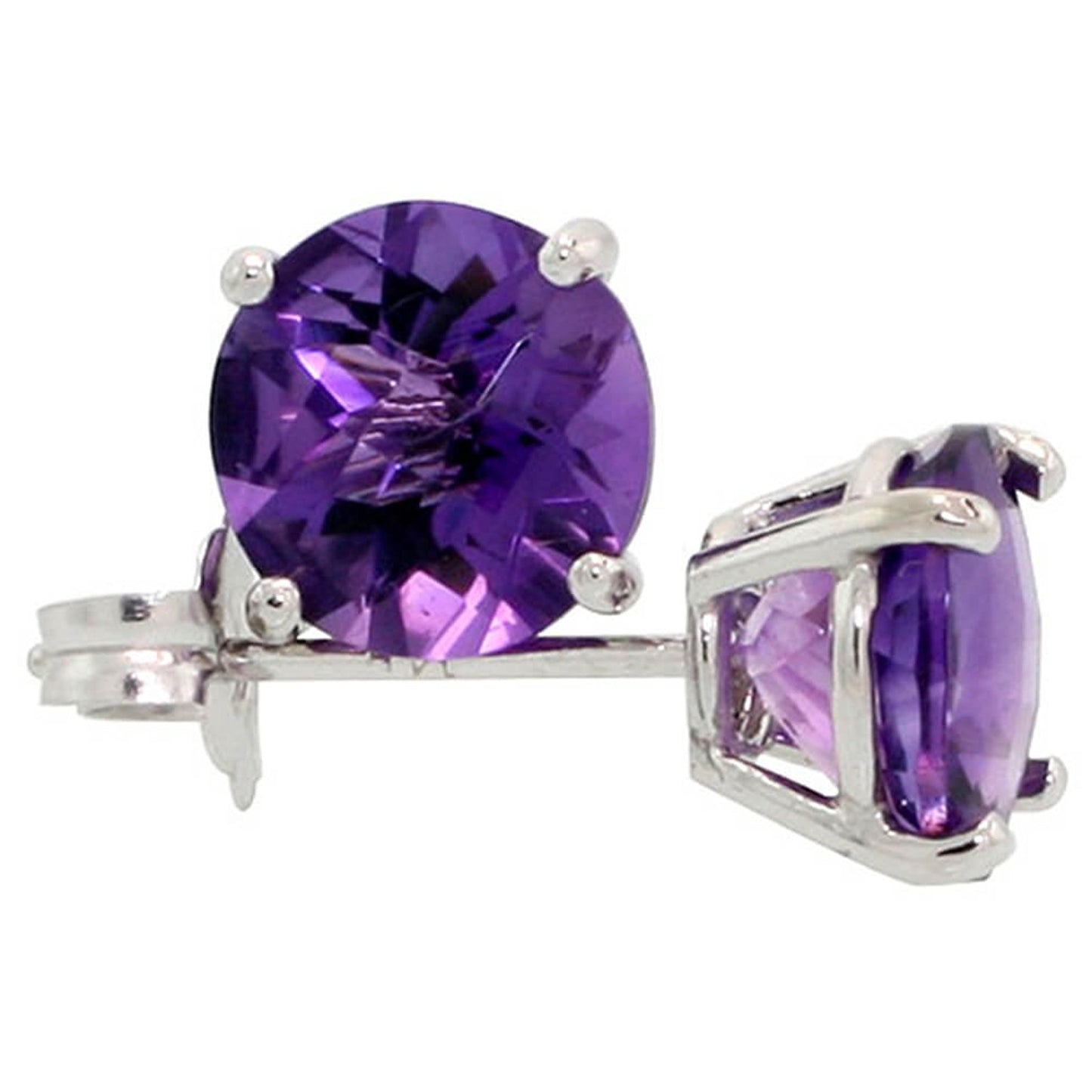 Rhodium Plated Silver Amethyst Purple (February) CZ Round Birthstone Stud Earrings + Gift Box