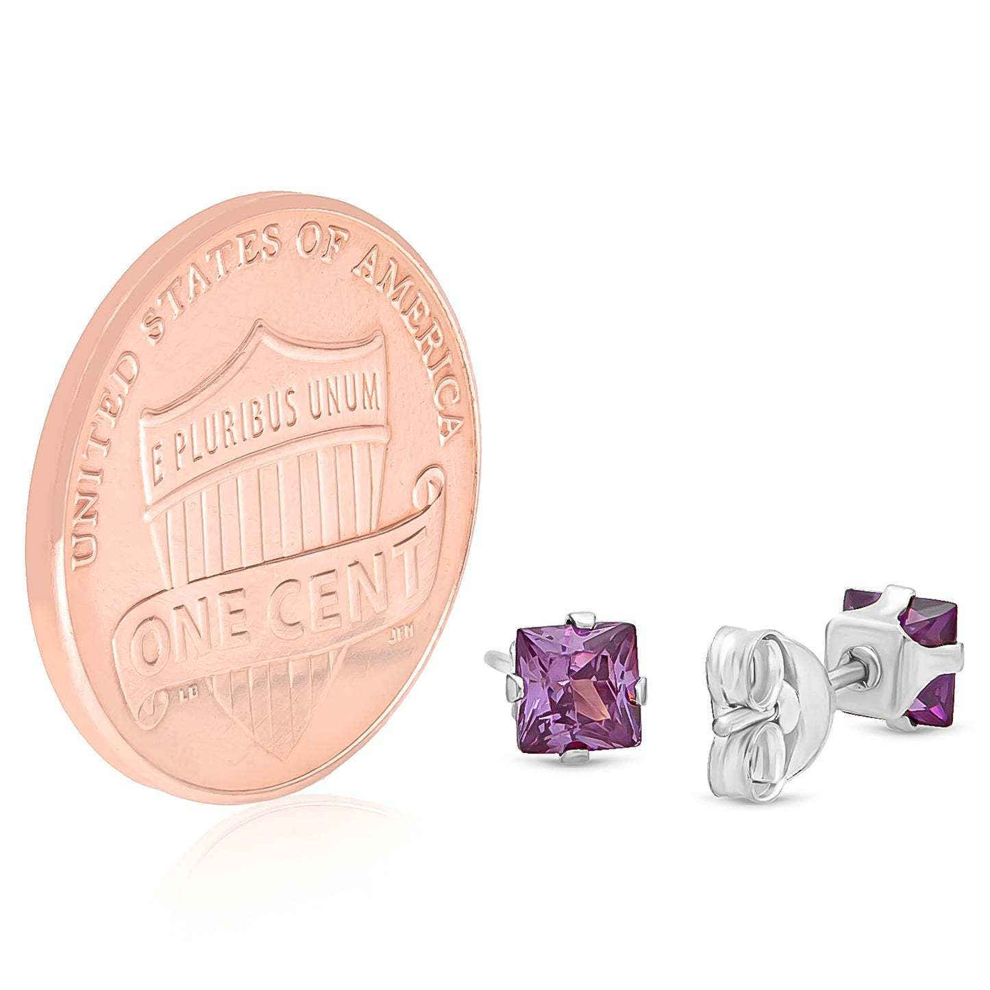 Square Cut Simulated Purple Amethyst CZ Sterling Silver Italian Crafted Stud Earrings + Polishing Cloth