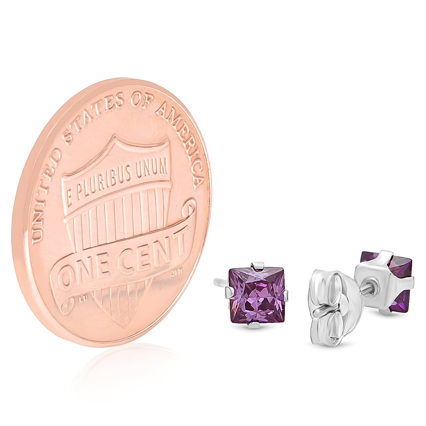 Square Cut Simulated Purple Amethyst CZ Sterling Silver Italian Crafted Stud Earrings + Polishing Cloth