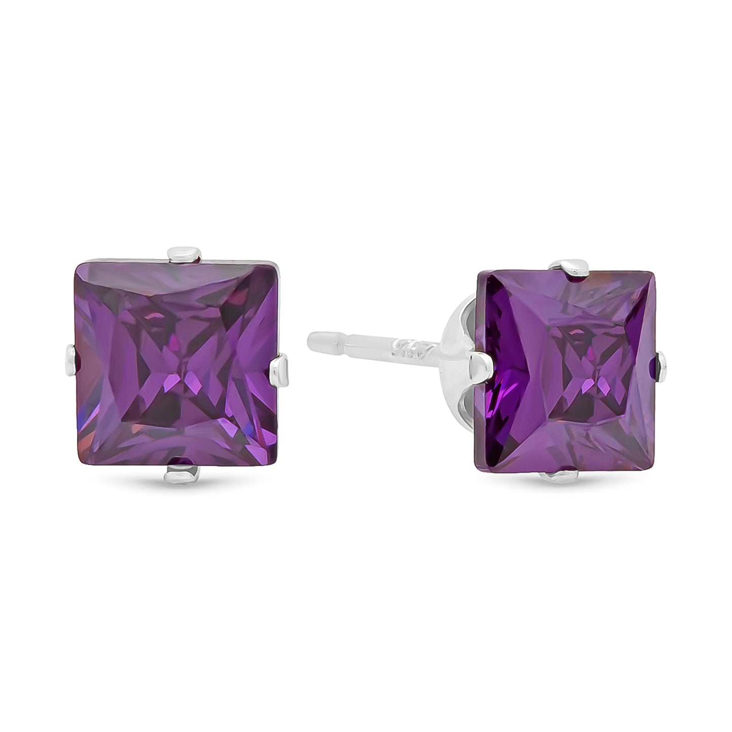 .925 Sterling Silver Nickel-Free Simulated Diamond Princess-Cut Birthstone Stud Earrings